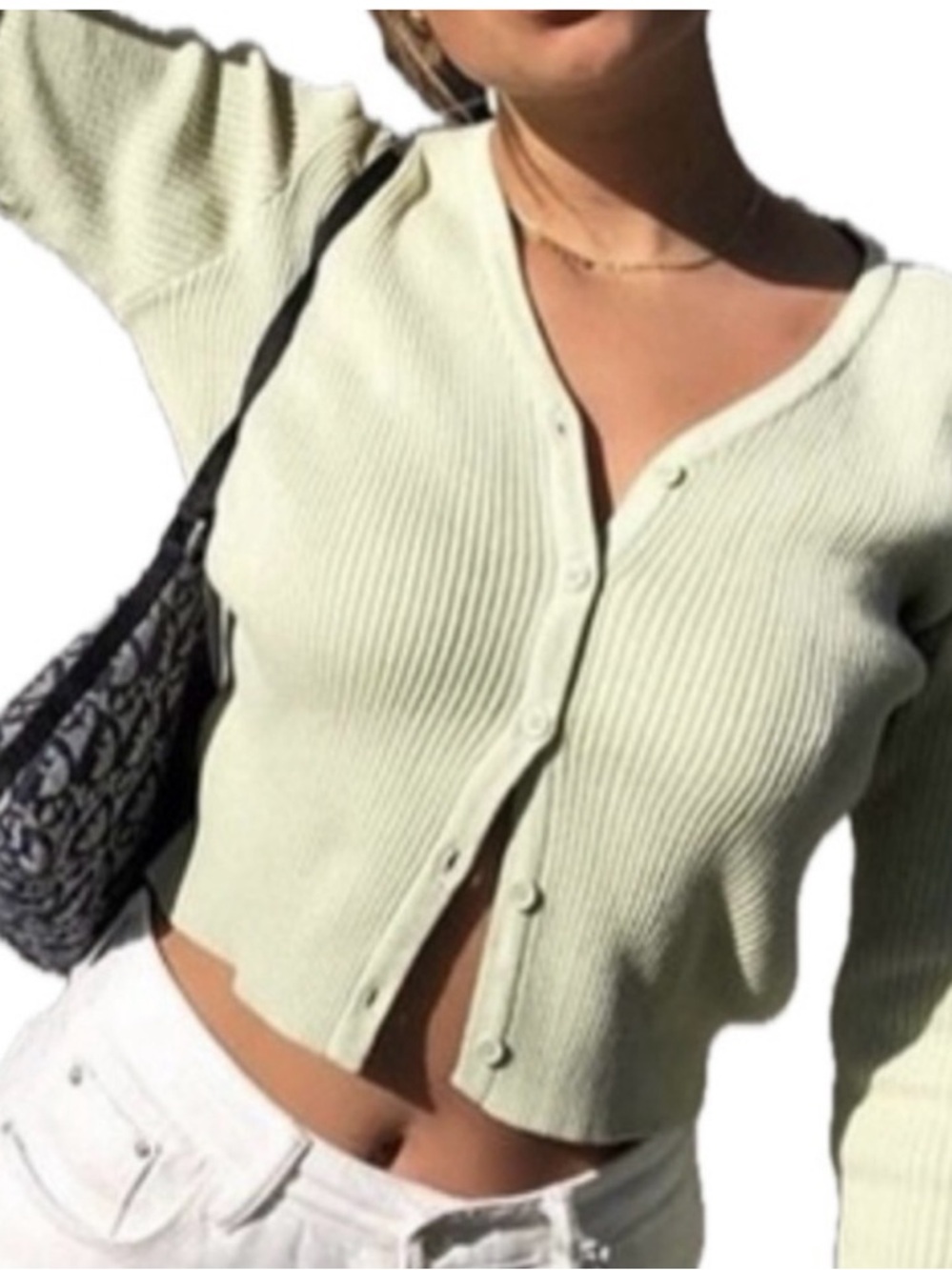 Brandy Melville Pale Green Ribbed Cropped Button Cardigan